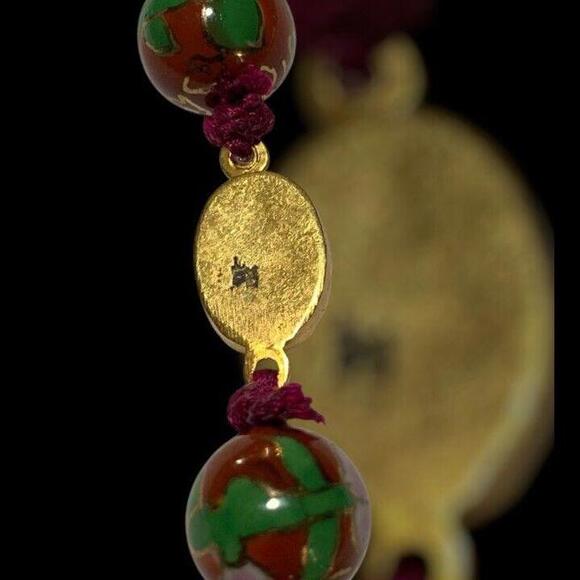 CHINESE EXPORT CLOISONNÉ ANTIQUE NECKLACE LARGE BEADS FLORAL DESIGN RED ENAMEL - Picture 10 of 12